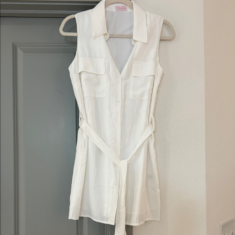 Linen White Sleeveless Shirt Dress Pink Lily